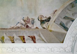フェイムが別荘の住人にヘンリー3世の到着を告げる場面、詳細、1750年頃（フレスコ画をキャンバスに貼り付けたもの