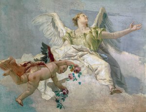 天使の栄光」ジョヴァンニ・バッティスタ・ティエポロ（1696-1770）作、フレスコ画、詳細、ウディネの純潔のオラトリオ 作： Giovanni Battista Tiepolo