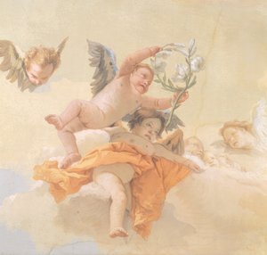 天使の栄光」ジョヴァンニ・バッティスタ・ティエポロ（1696-1770）作、フレスコ画、詳細、ウディネの純潔のオラトリオ 作： Giovanni Battista Tiepolo