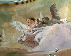 天使の栄光」ジョヴァンニ・バッティスタ・ティエポロ（1696-1770）作、フレスコ画、詳細、ウディネの純潔のオラトリオ 作： Giovanni Battista Tiepolo