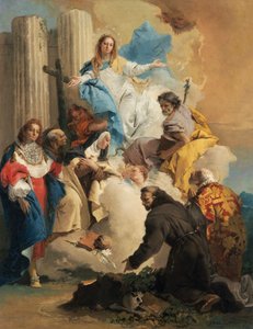 La Vierge avec six saints - 6人の聖人を抱く聖母」ティエポロ、ジャンバッティスタ（1696-1770）作。キャンバスに油彩、1750年頃。寸法：72,8x56 cm。ブダペストのセプムヴェシェティ美術館（Szepmuveszeti Muzeum 作： Giovanni Battista Tiepolo