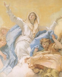 ジャンバッティスタ・ティエポロ（1696-1770）作「マリアの被昇天」、フレスコ画、細部、イタリア、ウディネの純潔のオラトリオ。 作： Giovanni Battista Tiepolo