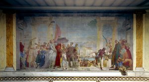 1574年にフェデリコ・コンタリーニによってヴェネツィアに迎えられたフランス王アンリ3世（1551-1589）がミラの別荘の入り口にいるところ。ジョヴァンニ・ティエポロ（1696-1770）による絵画