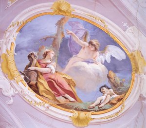 天使が荒野でハガルを慰める」ジョヴァンニ・バッティスタ・ティエポロ（1696-1770）作、フレスコ画、総主教宮殿、ゲストホール、ウディネ 作： Giovanni Battista Tiepolo