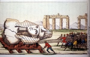 ベルゾーニによるナイル河畔のメムノンの胸像の運搬。イタリアの探検家・考古学者であるジョヴァンニ・バッティスタ（ジャンバティスタ）・ベルゾーニ（1778-1823）は、エジプトで重要な考古学的発見をした。エングレーヴィング-「Viaggio in Egitto e」にて