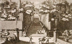ジョヴァンニ・フランチェスコ・ヴェントゥリーニ（1650-1710）が1675-90年頃に出版した「Le Fontane」より、ティヴォリのヴィラ・デステの大階段。 作： Giovanni Battista (after) Falda
