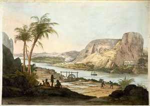 1822年に出版された、エジプトとヌビアでの研究の実例となるプレートからのアブシンブルの2つの寺院の外観 作： Giovanni Battista Belzoni
