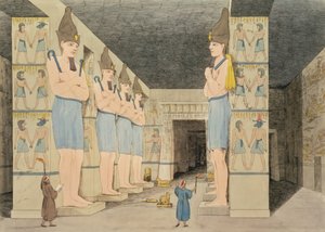 ジョバンニベルゾーニによって発見された、ヌビアのイブソンブルにある寺院の内部の眺め。オーガスティンアグリオ（1777-1857）プレート48によって、エジプトとヌビアの研究のプレートの図解から彫刻されました。