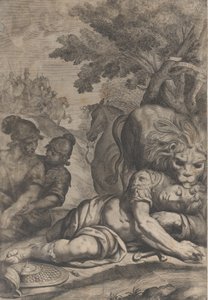 倒れた騎手の上にライオン、左に他の 2 人の兵士、1640 年から 70 年。 作： Giovanni Battista Bonacina