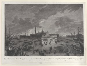クリスマスイブのドゥカーレとベネチア元老院からサン G... への行進の夜の眺め、1763 年。 作： Giovanni Battista Brostoloni