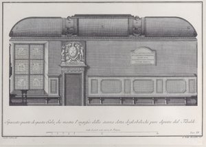 プレート 4: ボローニャ研究所のホールの断面図、r... への入り口、1756 年。 作： Giovanni Battista Brostoloni