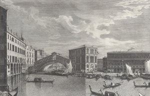 ヴェネツィアのリアルト橋、ボートとゴンドラが水中にある、1763年。