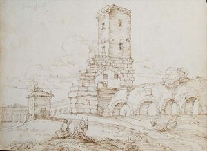 水路橋の前の人物（紙に黒チョークの上に茶色のインク） 作： Giovanni Battista Busiri