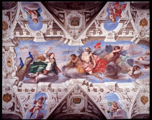 ジュノーはアイオロスにアイネアスの旅を阻止するように頼む（Fresco 作： Giovanni Battista Carlone