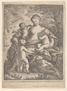 5人の裸の子供に囲まれた風景の中に座っている慈善団体、1692-1727. 作： Giovanni Battista Catenaro