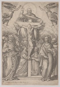 三位一体、中央に磔刑、両側に聖人、1586年。 作： Giovanni Battista Cavalieri