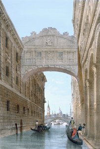 ため息橋の下を通過するゴンドラ、1850 年頃。 作： Giovanni Battista Cecchini