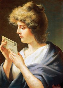 手紙を持つ少女、ジョヴァンニ・バッティスタ・キオケッティ（1843-1917）の絵画 作： Giovanni Battista Chiocchetti