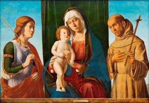 聖徒ウルスラとアッシジのフランシスコの間の聖母子。 1495。
