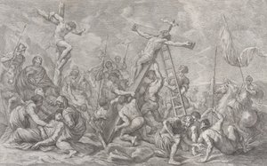 はりつけ、十字架が中央に下げられ、兵士がいたるところにあり、泥棒が...、1762年. 作： Giovanni Battista Cipriani
