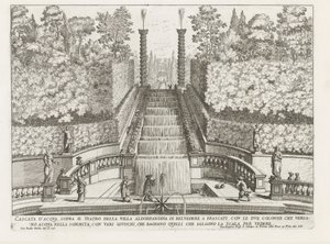 Cascade in de tuinen van de Villa Aldobrandini te Frascati Frascati の Villa Aldobrandina di Belvedere の劇場の上の滝 (...) (オブジェクトのタイトル) フラスカーティのヴィラの噴水 (シリーズ タイトル) フォンテイネン・ヴァン・フラスカーティ（シリーズタイトル） 作： Giovanni Battista Falda
