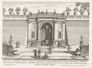 Fontein in de tuinen van de Villa Aldobrandini te Frascati 糸杉通りの上の噴水と立面図 (...) (オブジェクトのタイトル) フラスカーティのヴィラの噴水 (シリーズ タイトル) フォンテイネン・ヴァン・フラスカーティ（シリーズタイトル）