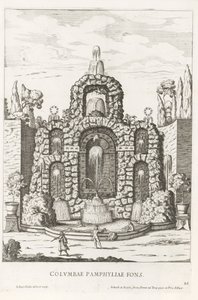 ローマのヴィラ ドーリア パンフィーリの庭園にあるハトの噴水 Columbae Pamphyliae fons (オブジェクトのタイトル) Le fontane ne palazzi e ne giardini di Roma (シリーズタイトル) ローマの宮殿と庭園の噴水 (シリーズ タイトル) 作： Giovanni Battista Falda