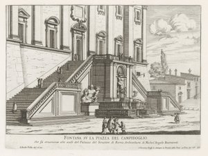 ローマの国会議事堂のパラッツォ セナトリオ前の噴水 Fontana su la Piazza del Campidoglio (オブジェクトのタイトル) Fontane di Roma (シリーズタイトル) ローマの噴水 (シリーズタイトル) 作： Giovanni Battista Falda
