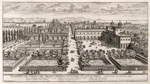 Giovanni Battista Falda (1640 または 1643-1678) による Li Giardni (The Gardens) からの彫刻、ローマのヴィラ メディチの庭園の展望