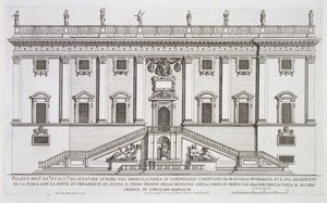 ミケランジェロブオナローティ（1475-1564）が開始し、ジロラモライナルディ（1570-1655）が完成したローマ、カンピドリオ広場のパラッツォセナトリオのファサードの眺め