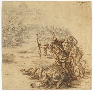 城壁に囲まれた都市の外の戦いのシーン、17世紀 作： Giovanni Battista Foggini
