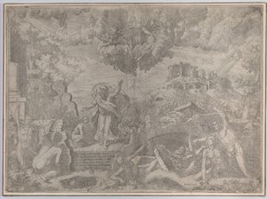 エゼキエルのビジョン、死人がよみがえり、肉を身にまとい、父なる神が上に…、1579年。 作： Giovanni Battista Fontana