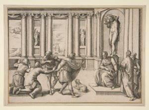 聴衆を迎えるバッカス像の下に座る男性 作： Giovanni Battista Franco (called Il Semolei)