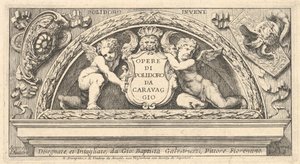 Poloidoro の後の版画シリーズのタイトルプレート、2 つのプッチで支えられた盾のタイトル、1658 年。