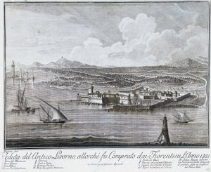 1421年にフィレンツェ人が購入した時のリヴォルノの港の風景、「リヴォルノの街と港のベストビュー集」の彫刻 作： Giovanni Battista Guerazzi