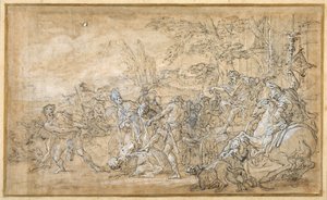ローマの将軍の凱旋車の前に引きずり出され、縛られている司教を含む捕虜たち（クリーム色の紙に黒チョークで下描きした上に、ペンと茶色のインク、ペンは白のボディカラーで盛り上げられている）。 作： Giovanni Battista Lenardi