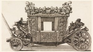 カステルメイン卿の最初の馬車 (1686 年) の側面図、1687 年から 1700 年にチロ フェッリにちなんでアンドレア コーネリーによって 1686 年に建てられました。 作： Giovanni Battista Lenardi