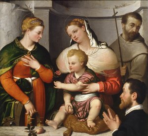 聖カタリナ、聖フランチェスコ、献金者のいる聖母子像 1550年頃（油彩・キャンバス 作： Giovanni Battista Moroni