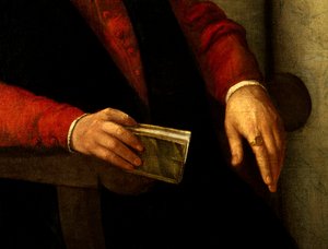 フランソワ・ラブレー（1494-1553）はフランスの作家・医師。手に持っている本と指にはめている騎士のディテール。ジョヴァンニ・バティスタ・モローニ（1525-1578）による絵画 作： Giovanni Battista Moroni