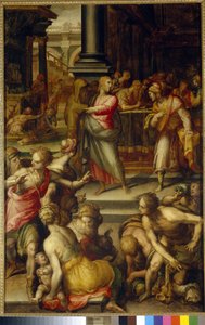 聖マタイの召し。 Giovanni Battista Naldini (1537-1591) による絵画、木に油彩、1583 年頃。 イタリア美術 (フィレンツェ) 作： Giovanni Battista Naldini