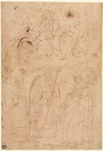 三聖人の上の栄光の聖母子c。 1570。 作： Giovanni Battista Paggi