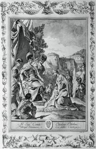 ジョヴァンニ・バッティスタ・ピアゼッタ（1683-1754）による、トルカート・タッソ（1544-1595）の『届けられたエルサレム』のカントIIIのためのエングレーヴィング（イタリア、ヴェネツィアのジョヴァンニ・バッティスタ・アルブリッツィ社刊 作： Giovanni Battista Piazzetta