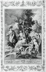 幸福な島のカルロとウバルド」ジョヴァンニ・バッティスタ・ピアゼッタ（1683-1754）によるトルカート・タッソ（1544-1595）の『届けられたエルサレム』のカント15のためのエングレーヴィング、ジョヴァンニ・バッティスタ・アルブリッツィ版、ヴェネツィア、イタリア 作： Giovanni Battista Piazzetta