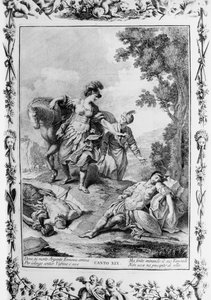 傷ついたタンクレディに出くわすエルミニア、カントXIX、届けられたエルサレム 作： Giovanni Battista Piazzetta