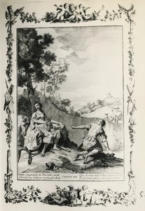 トルカート・タッソ（1544-1595）の詩にジョヴァンニ・バッティスタ・ピアゼッタ（1683-1754）が描いた挿絵「届けられたエルサレム」カントXII、1745年にヴェネツィアで出版された版、イタリア 作： Giovanni Battista Piazzetta