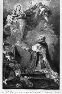 聖フィリッポ・ネーリに現れる聖母」ジョヴァンニ・バッティスタ・ピアゼッタ（1682-1754）作、インノセンテ・アレッサンドリのエングレーヴィング、イタリア 作： Giovanni Battista Piazzetta