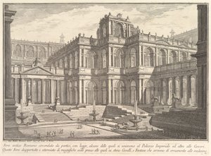 柱廊に囲まれた古代ローマのフォーラム。ロッジアがあり、その一部はw ...、ca.と通信しています。 1750。 作： Giovanni Battista Piranesi