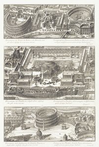 鳥瞰図：バルボ劇場とマルチェロ劇場、パンテオンとその周辺地域、スタティリオタウロ円形劇場 作： Giovanni Battista Piranesi