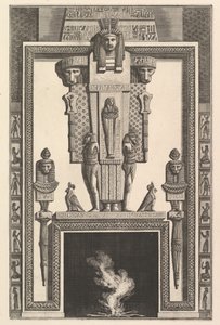 エジプト風のチムニーピース：ミイラがリンテの上にある大きなカリアティードに重ねられた...、1769年。