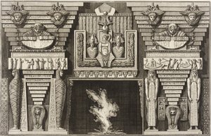 エジプト様式の暖炉飾り：左に横顔のミイラ二体、右にオベリスクを担ぐ人物二人。 作： 
